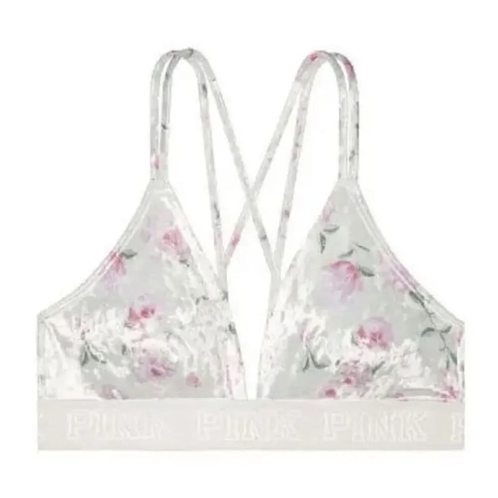 PINK Victorias Secret White Floral Velvet Triangle Strappy Bralette Small‎ NWT
